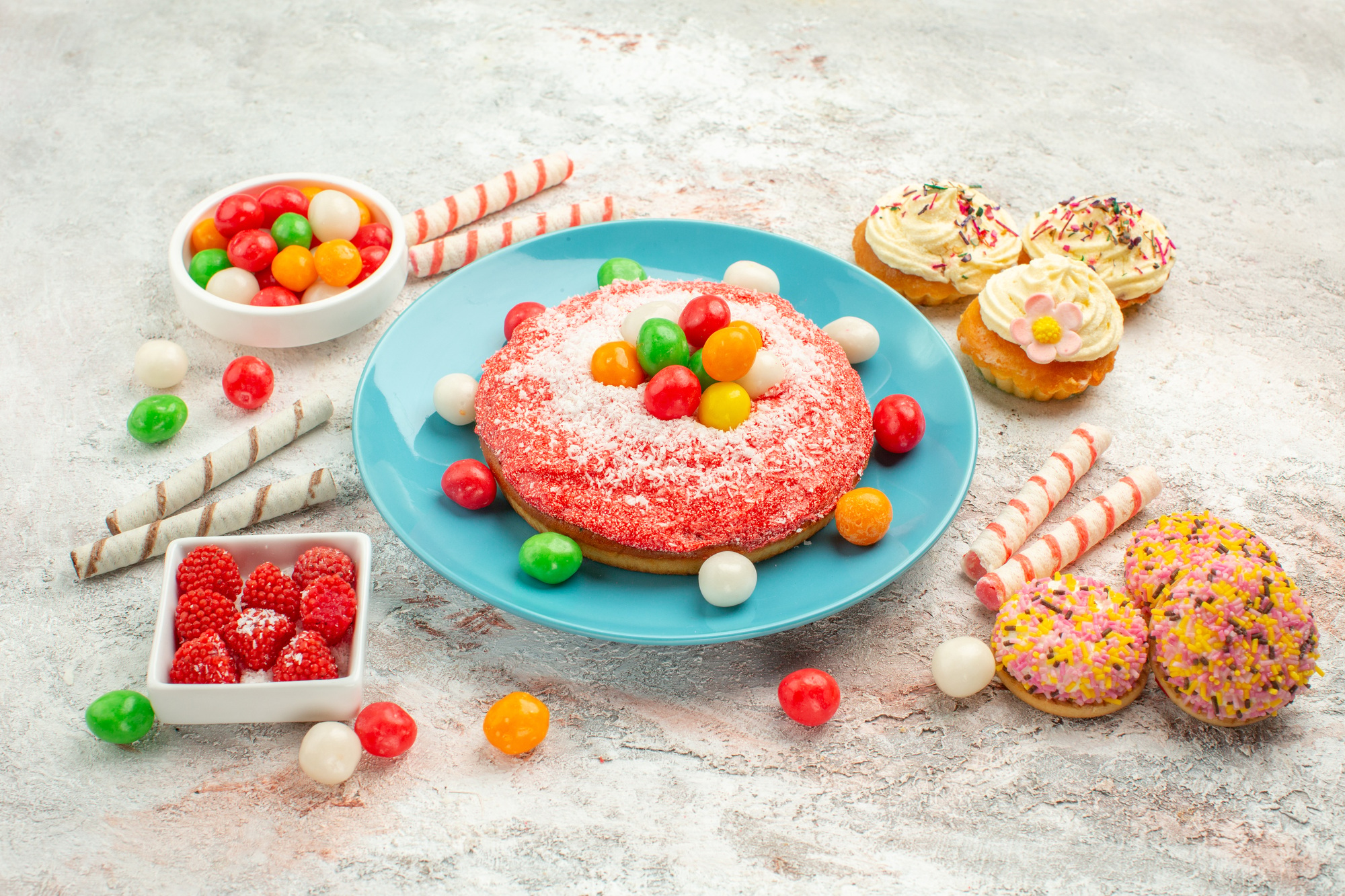 front view pink cake with colorful candies on white background goodie rainbow candy dessert color