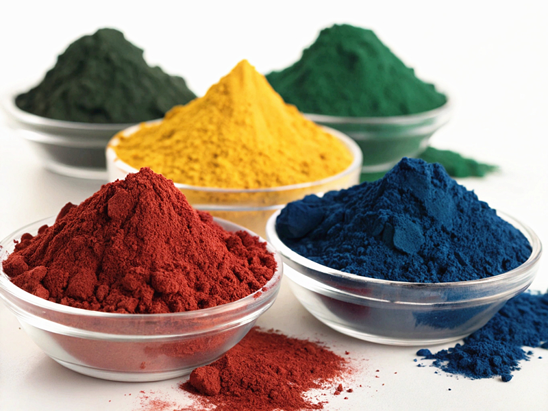 Iron oxide pigments in yellow, red, and green powders, used for industrial purposes