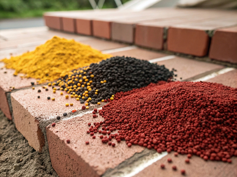 Pigments in granular form on bricks, showcasing red, yellow, and black colors