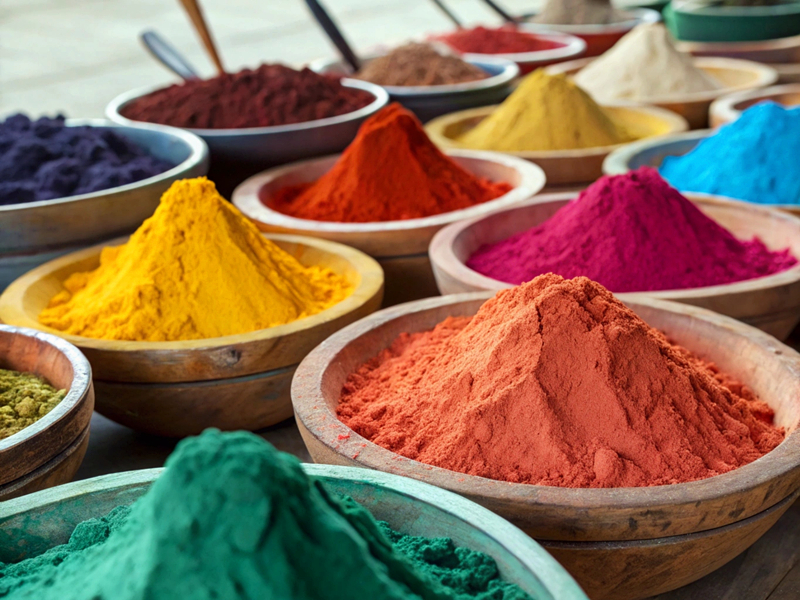 Colorful pigment powders in wooden bowls, showcasing vibrant industrial colors