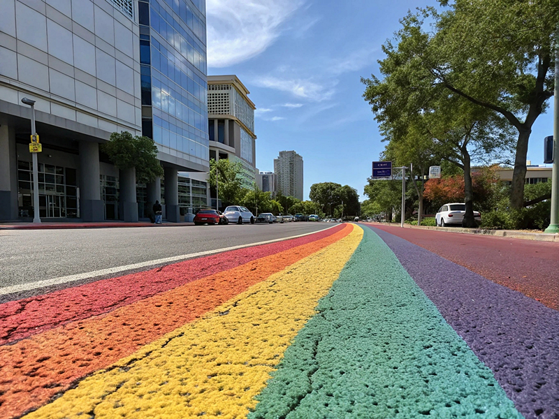 Rainbow-colored road in urban area with trees and buildings